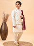 Boy's Cream Mirror Work Jacket And Solid Kurta Pyjama Set With Maroon Ethnic Dupatta