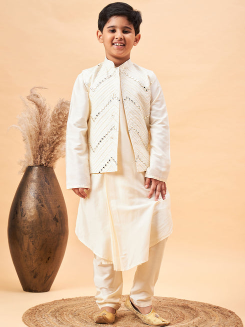 Boy's Cream Mirror Work Jacket And Pleated Kurta Pyjama Set