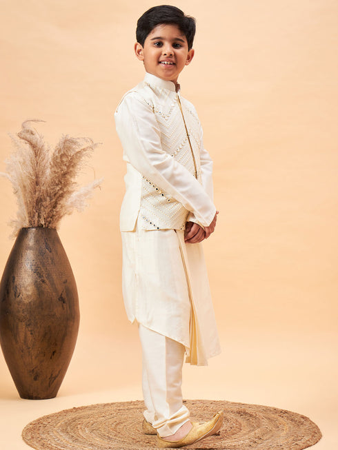 Boy's Cream Mirror Work Jacket And Pleated Kurta Pyjama Set