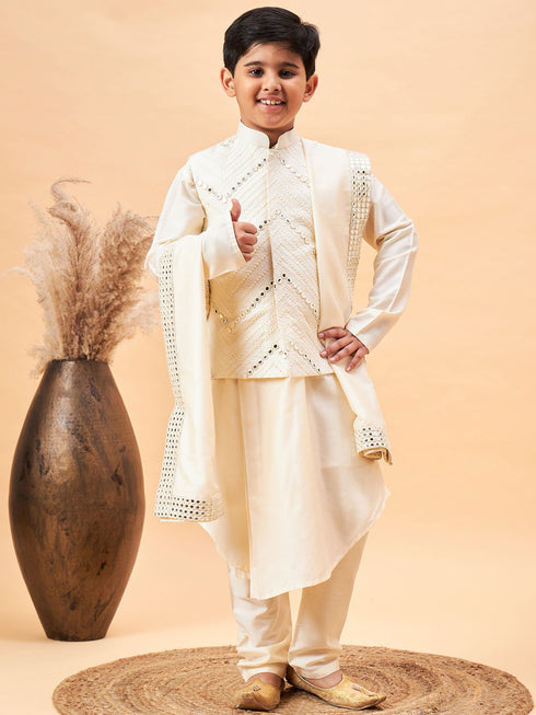 Boy's Cream Mirror Work Jacket And Pleated Kurta Pyjama Set With Ethnic Dupatta