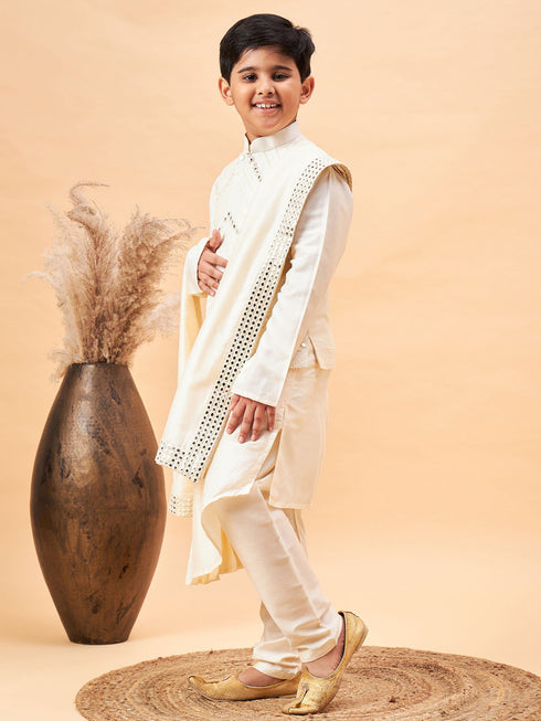 Boy's Cream Mirror Work Jacket And Pleated Kurta Pyjama Set With Ethnic Dupatta