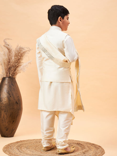 Boy's Cream Mirror Work Jacket And Pleated Kurta Pyjama Set With Ethnic Dupatta