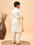Boy's Cream Mirror Work Jacket And Pleated Kurta Pyjama Set With Ethnic Dupatta