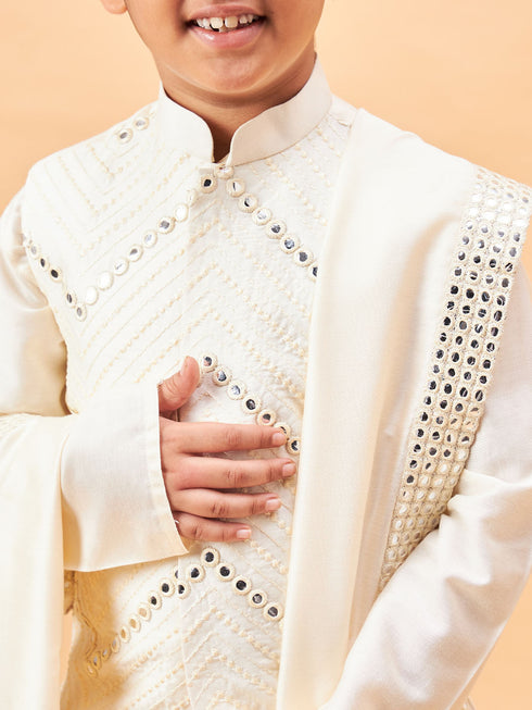 Boy's Cream Mirror Work Jacket And Pleated Kurta Pyjama Set With Ethnic Dupatta