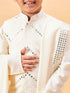 Boy's Cream Mirror Work Jacket And Pleated Kurta Pyjama Set With Ethnic Dupatta