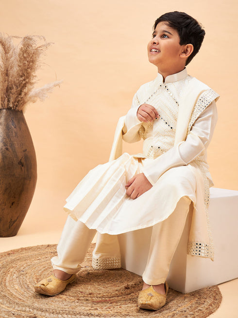 Boy's Cream Mirror Work Jacket And Pleated Kurta Pyjama Set With Ethnic Dupatta