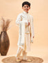 Boy's Cream Mirror Work Jacket And Pleated Kurta Pyjama Set With Ethnic Dupatta