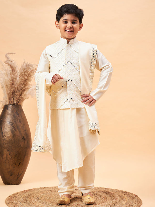 Boy's Cream Mirror Work Jacket And Pleated Kurta Pyjama Set With Ethnic Dupatta