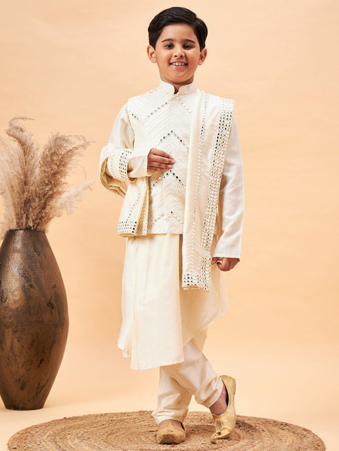 Boy's Cream Mirror Work Jacket And Pleated Kurta Pyjama Set With Ethnic Dupatta