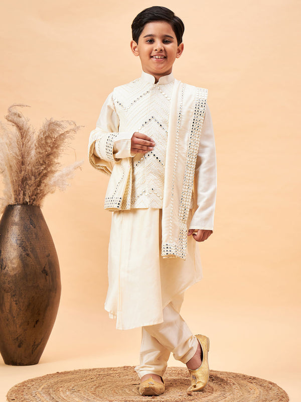 Boy's Cream Mirror Work Jacket And Pleated Kurta Pyjama Set With Ethnic Dupatta