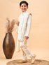 Boy's Cream Mirror Work Jacket And Pleated Kurta Pyjama Set With Ethnic Dupatta