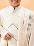 Boy's Cream Mirror Work Jacket And Pleated Kurta Pyjama Set With Ethnic Dupatta