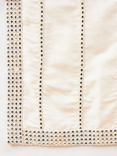 Boy's Cream Mirror Work Jacket And Pleated Kurta Pyjama Set With Ethnic Dupatta