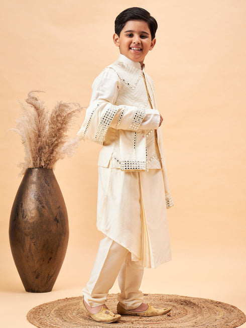 Boy's Cream Mirror Work Jacket And Pleated Kurta Pyjama Set With Ethnic Dupatta