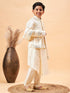 Boy's Cream Mirror Work Jacket And Pleated Kurta Pyjama Set With Ethnic Dupatta