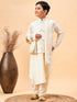 Boy's Cream Mirror Work Jacket And Pleated Kurta Pyjama Set With Ethnic Dupatta