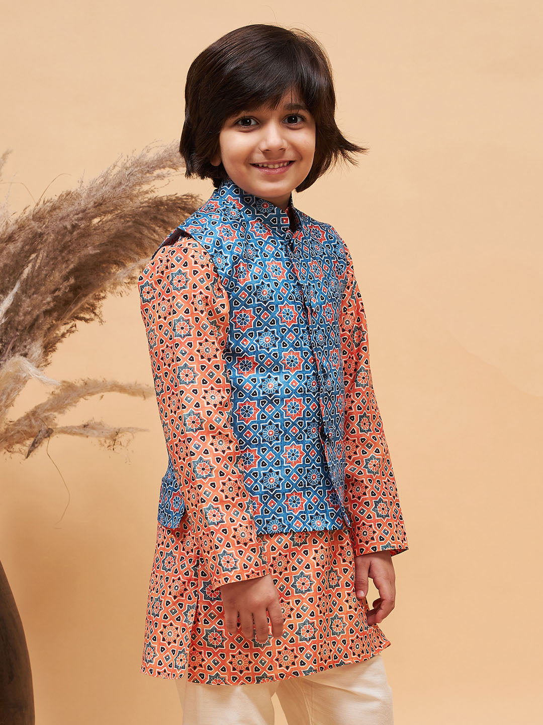 Boy's Blue Printed Nehru Jacket