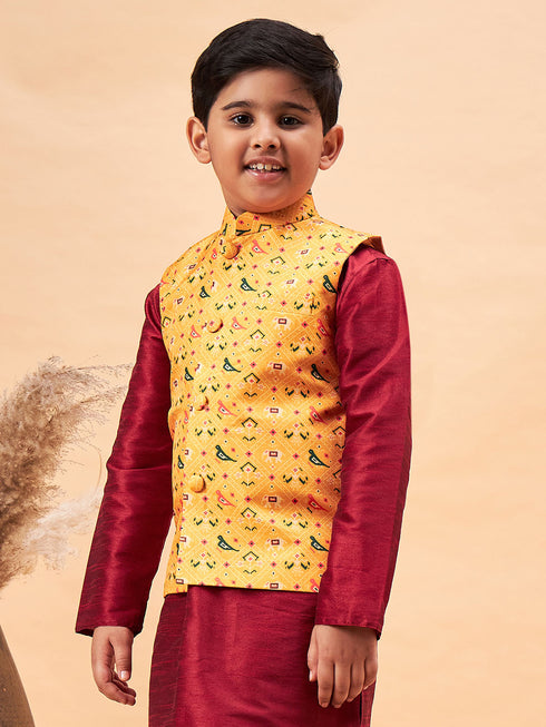 Boy's Yellow Ethnic Printed Jacket