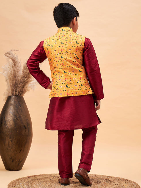 Boy's Yellow Ethnic Printed Jacket With Maroon Kurta And Pyjama Set