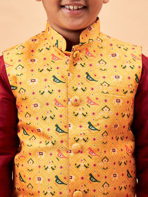 Boy's Yellow Ethnic Printed Jacket With Maroon Kurta And Pyjama Set
