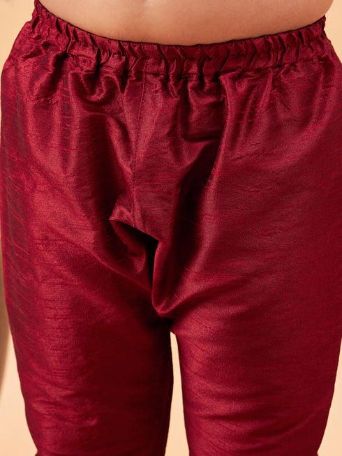 Boy's Yellow Ethnic Printed Jacket With Maroon Kurta And Pyjama Set