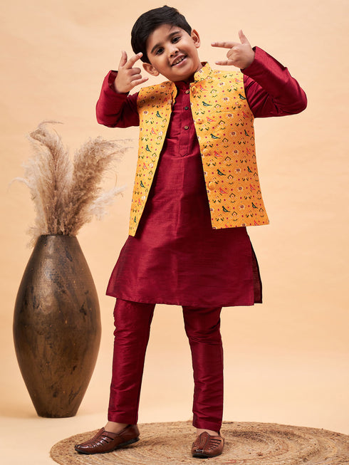 Boy's Yellow Ethnic Printed Jacket With Maroon Kurta And Pyjama Set