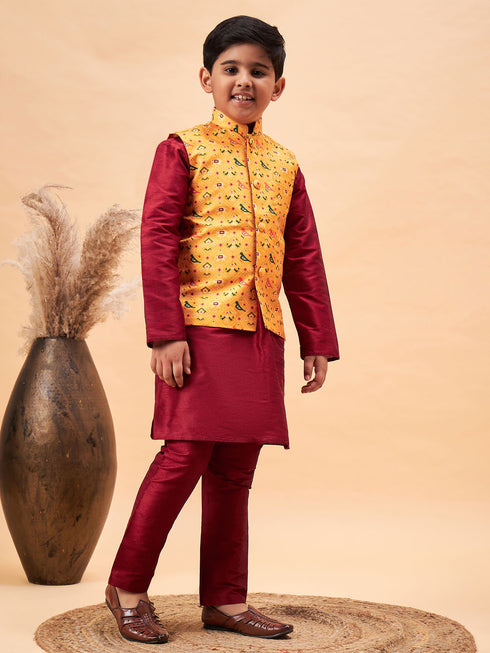 Boy's Yellow Ethnic Printed Jacket With Maroon Kurta And Pyjama Set