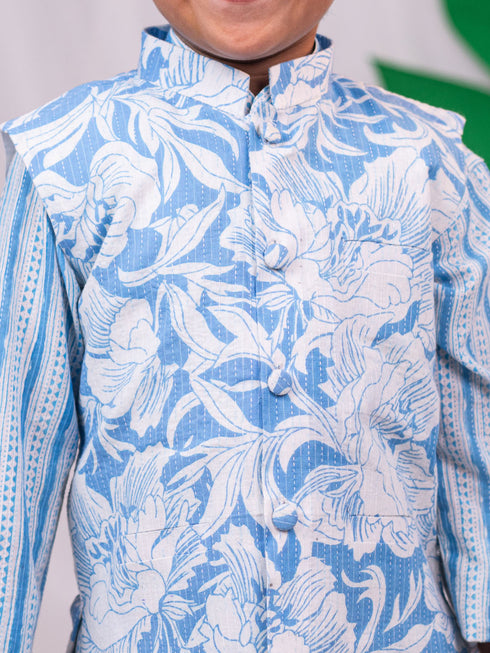 Boy's' Blue Jacket, Kurta And Pyjama Set