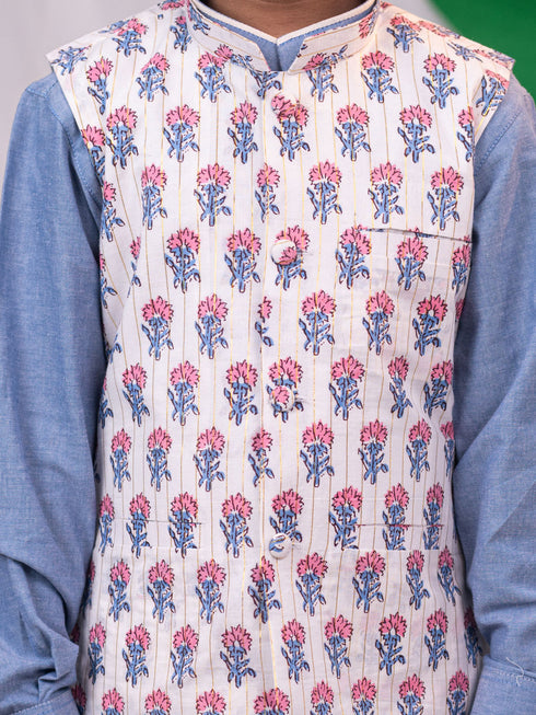 Boy's Beige Printed Jacket With Grey Kurta Pyjama Set