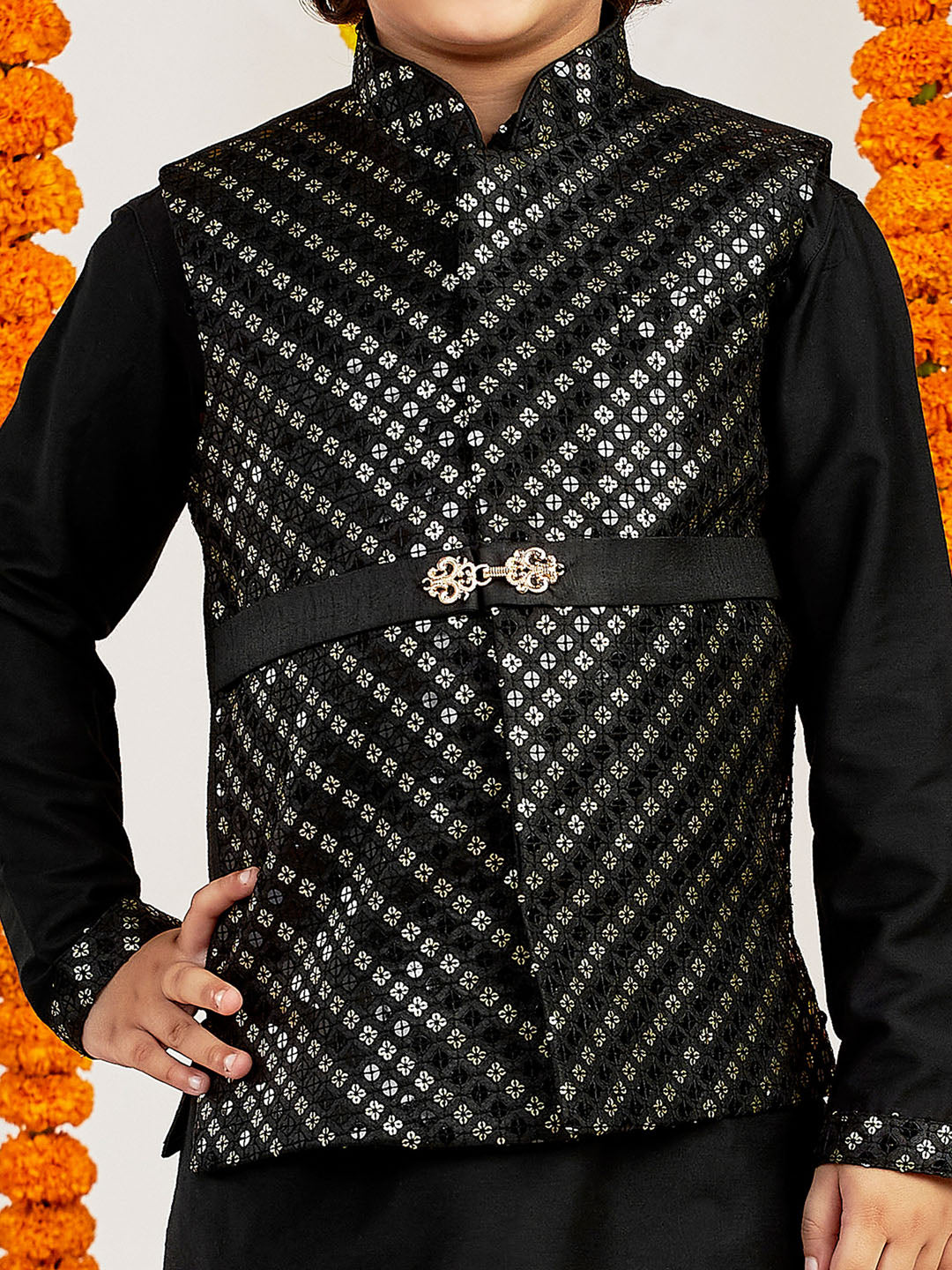Boy's' Black Jacket,Kurta And Pyjama Set.