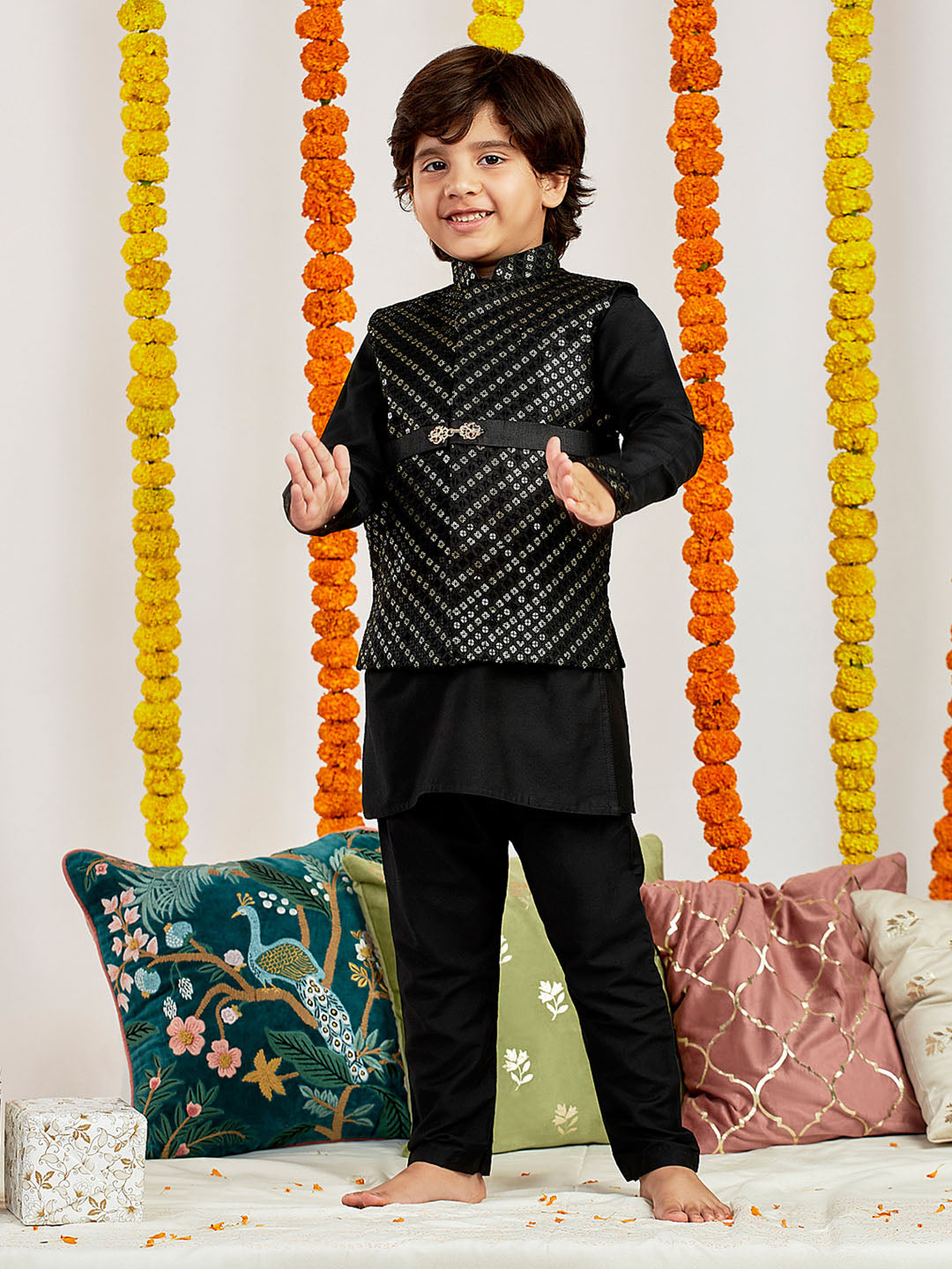 Boy's' Black Jacket,Kurta And Pyjama Set.
