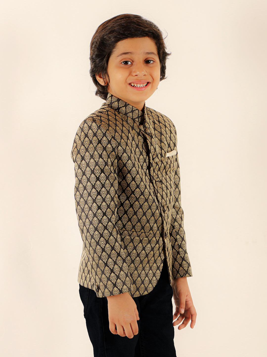 Boy's Black Woven Silk Blend Jodhpuri