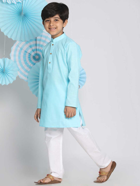 Boys Aqua And White Kurta Pyjama Set