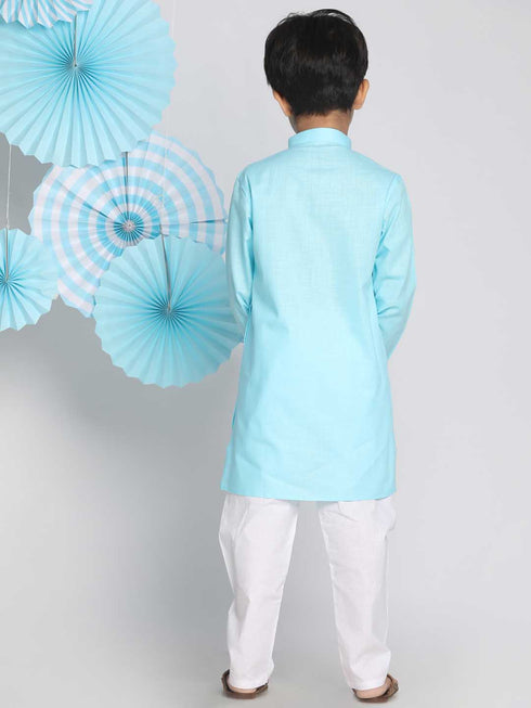 Boys Aqua And White Kurta Pyjama Set
