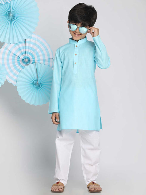 Boys Aqua And White Kurta Pyjama Set