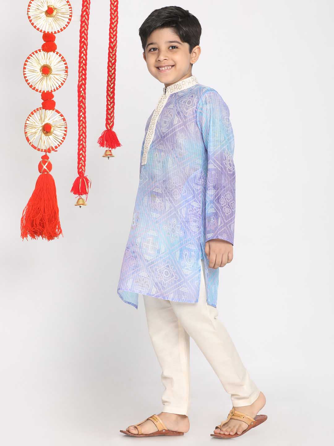 Boy's' Blue And Cream Kurta Pyjama Set