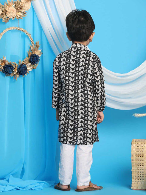 Boy's Black Chikankari Thread Work Kurta And White Pyjama Set