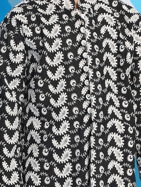 Boy's Black Chikankari Thread Work Kurta And White Pyjama Set