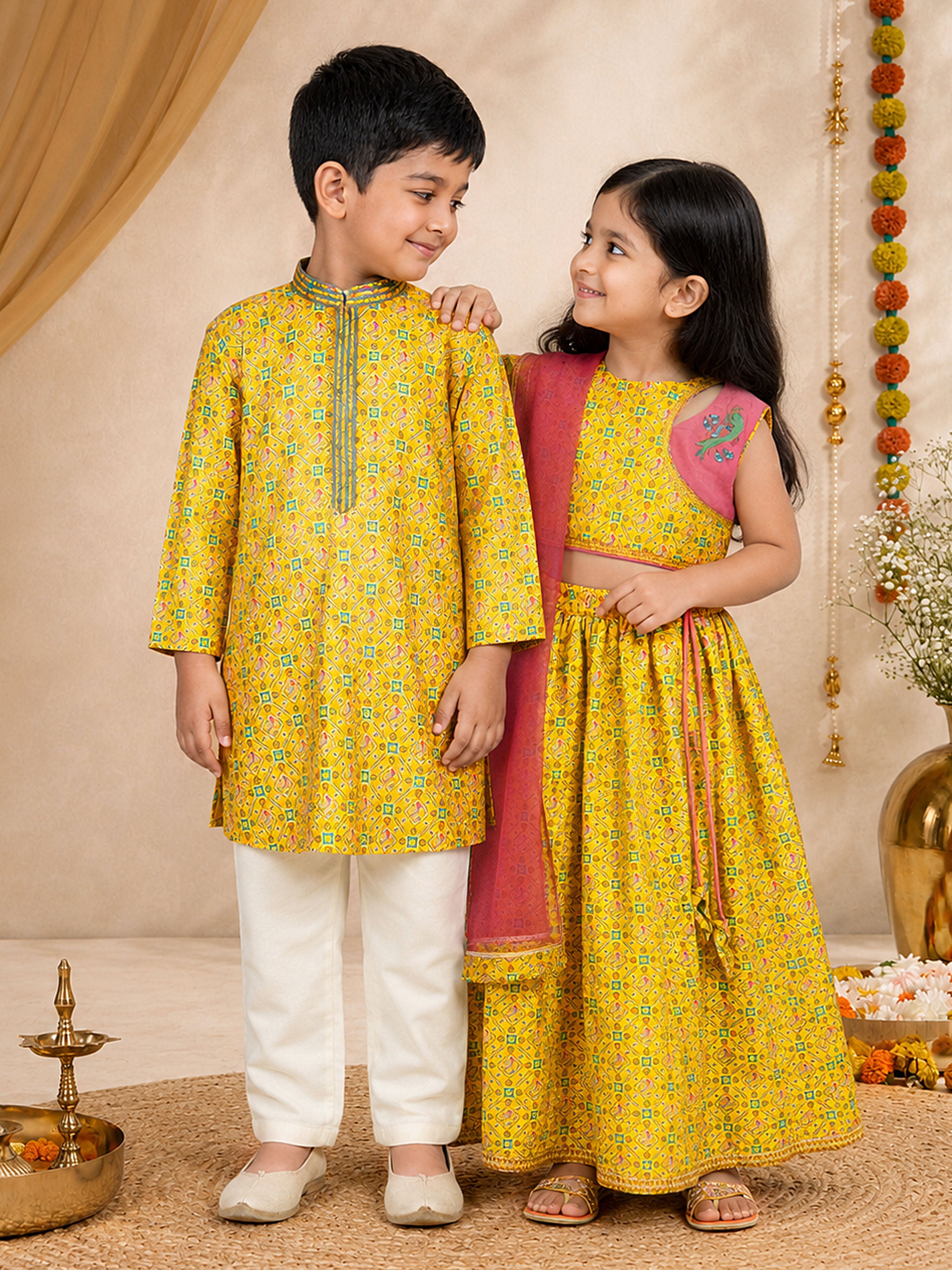 Boys Yellow Geometric Kurta Pyjama Set