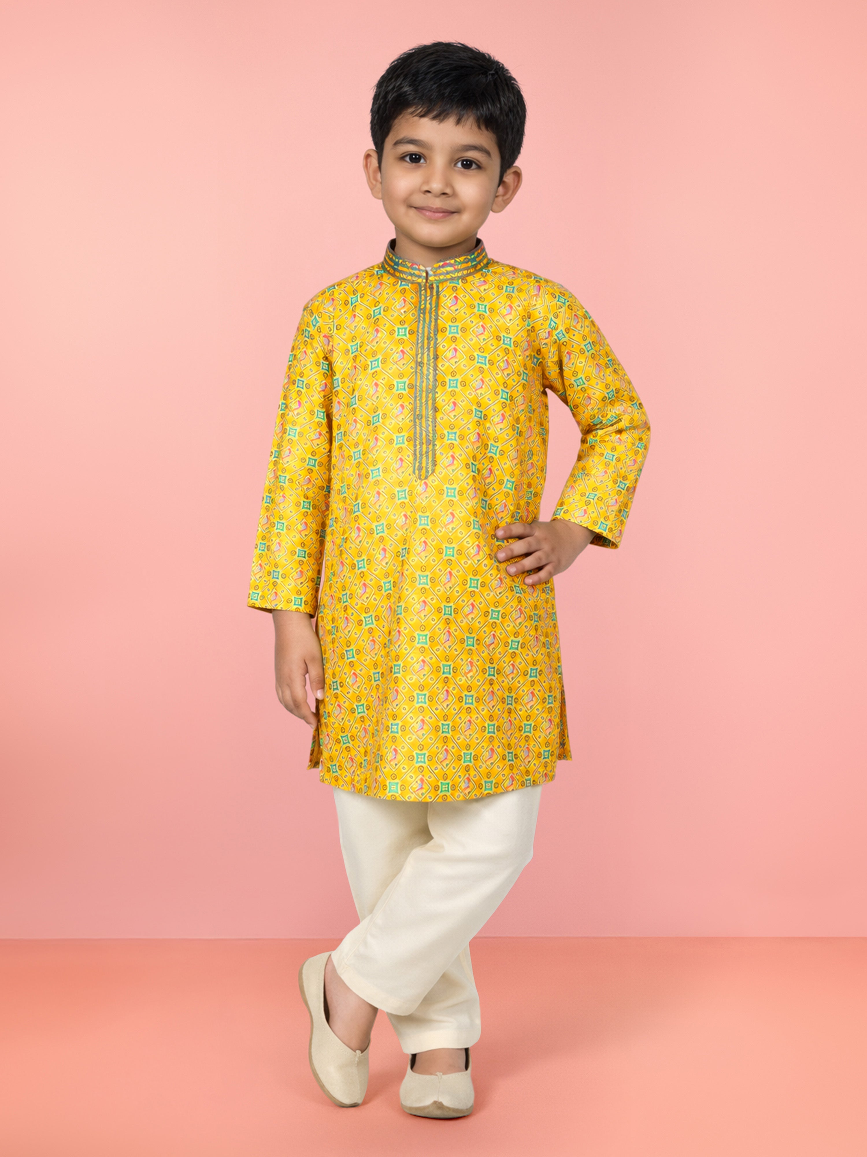 Boys Yellow Geometric Kurta Pyjama Set