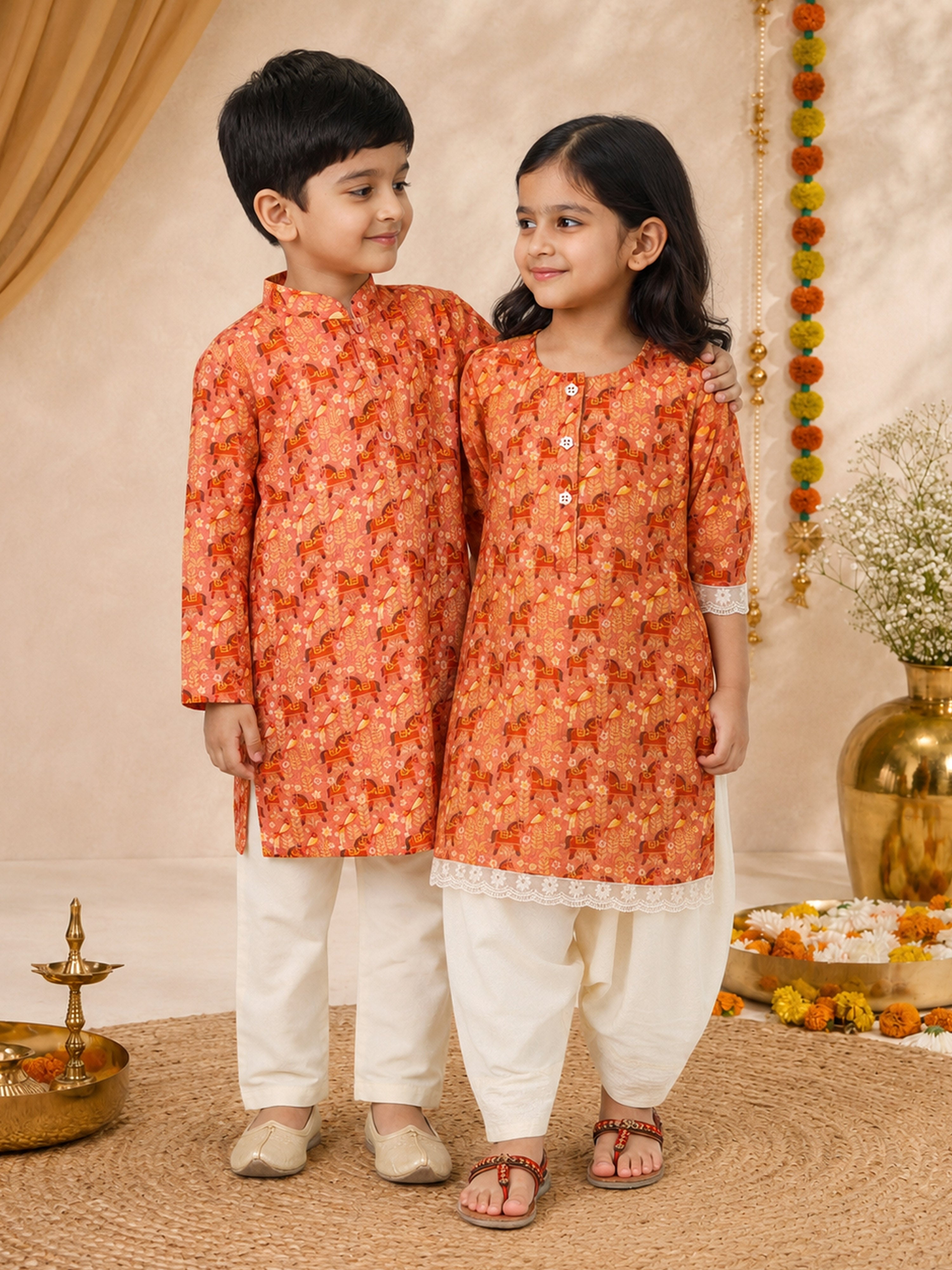 Boys Peach Animal Print Kurta Pyjama Set