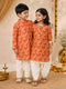 Girls' Peach Cotton Animal Print Kurta with Pakistani Salwar Set - Three Quarter Sleeves Festive Ethnic Wear