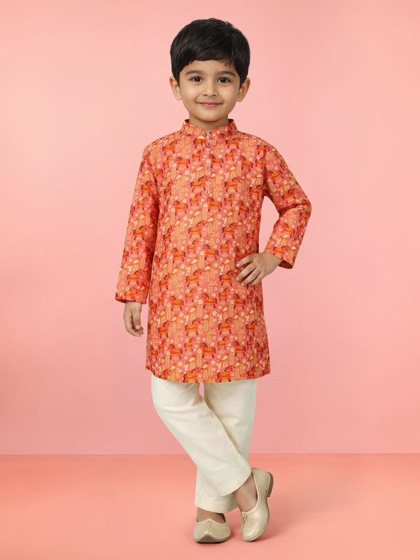 Boy's Peach Animal Print Kurta Pyjama Set