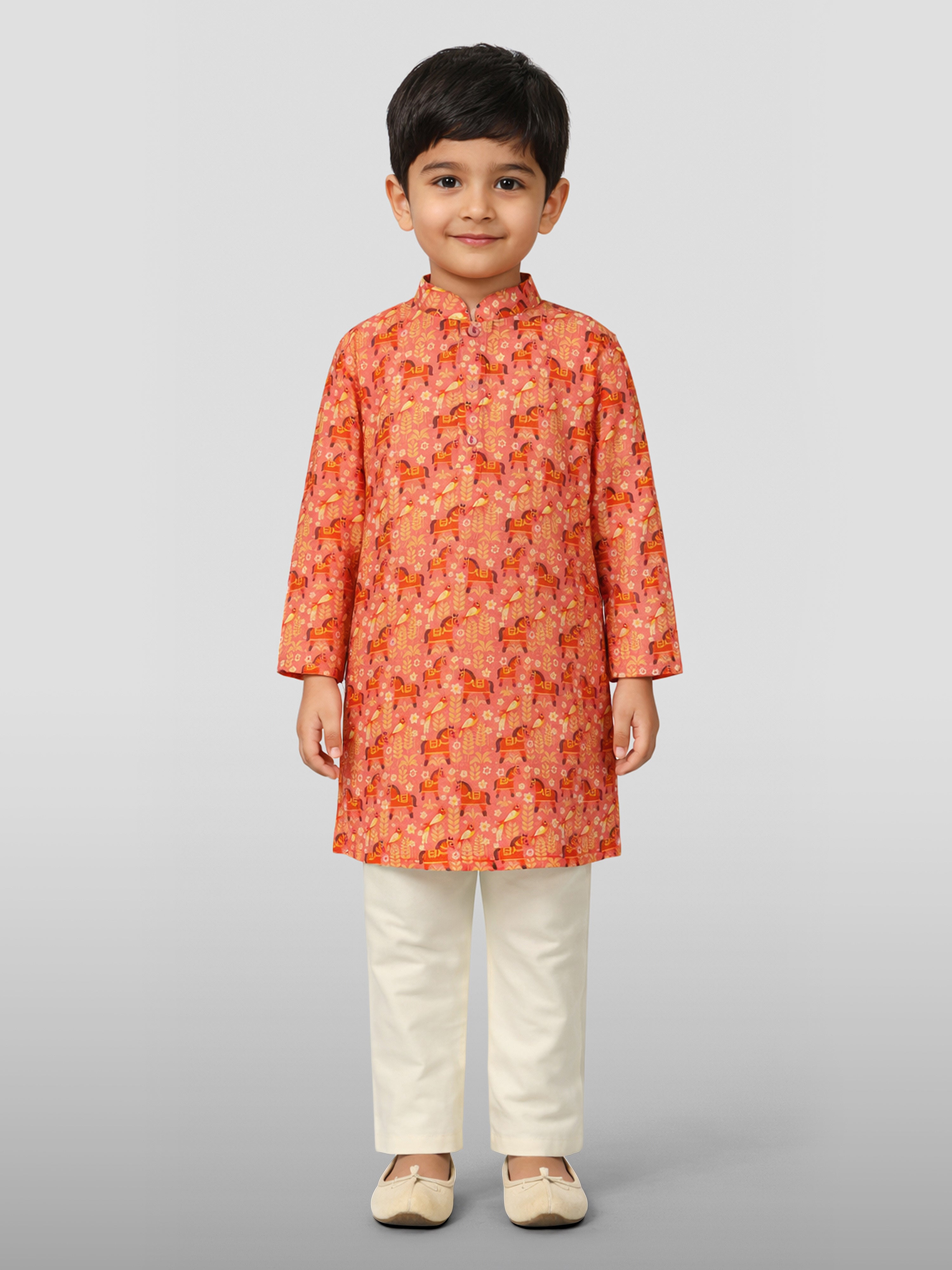 Boy's Peach Animal Print Kurta Pyjama Set