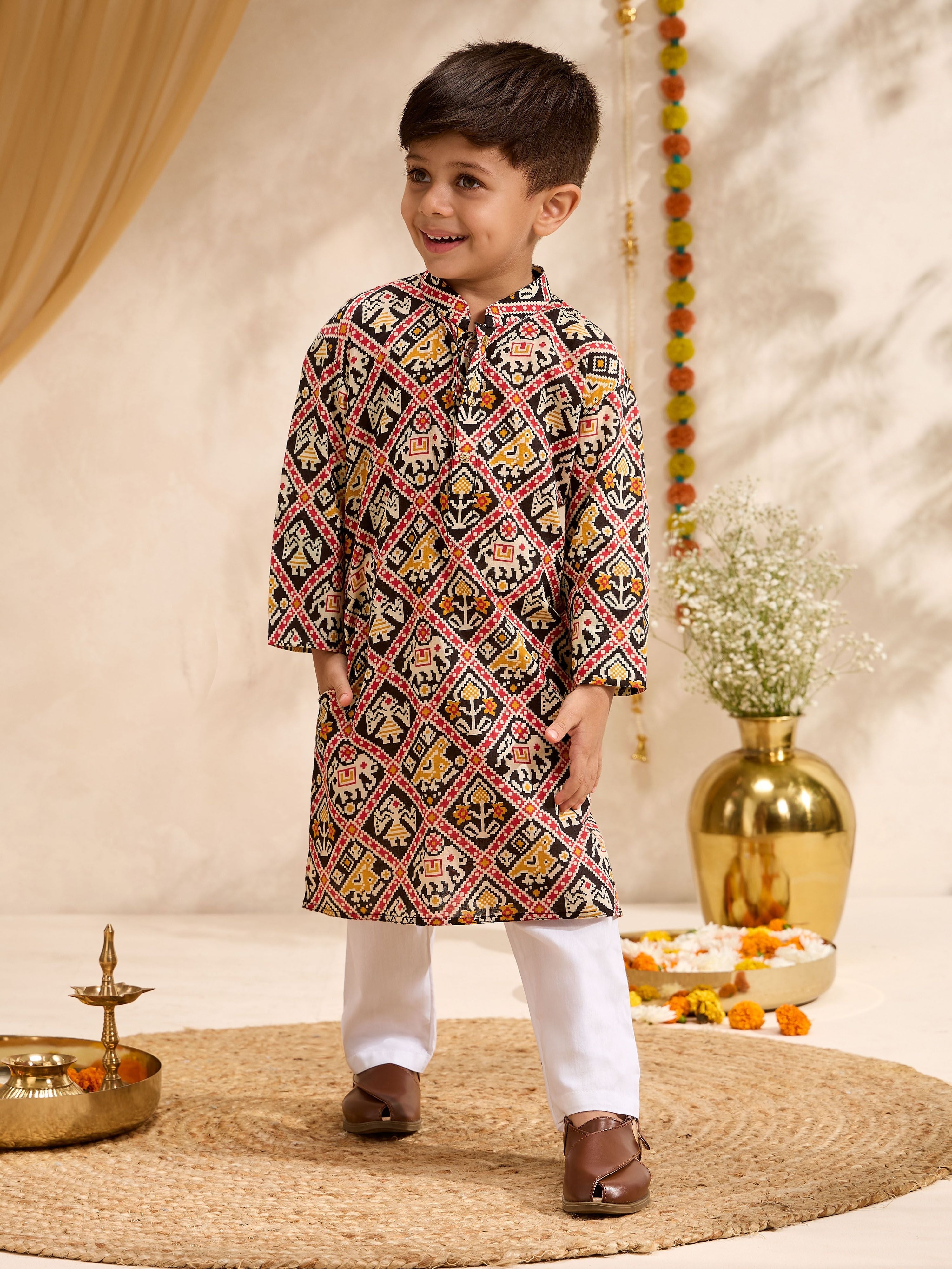 Boys Black Cotton Patola Printed Kurta Pyjama Set