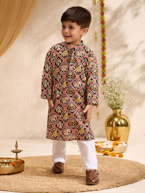 Boys Black Cotton Patola Printed Kurta Pyjama Set