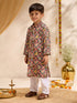 Boys's Black Cotton Ikkat Thigh Length Kurta And Pyjama Set