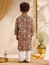 Boys's Black Cotton Ikkat Thigh Length Kurta And Pyjama Set
