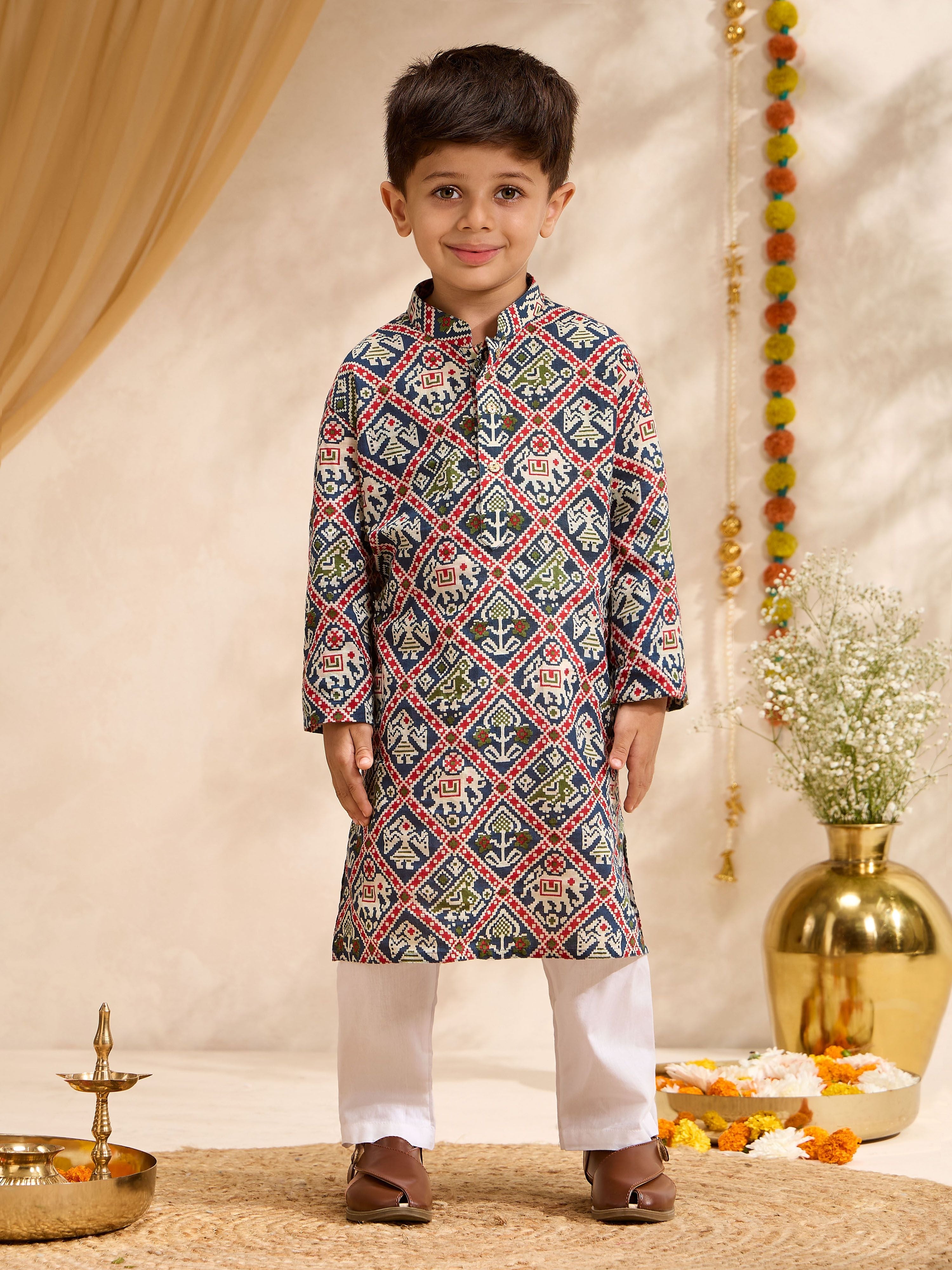 Boys Blue Cotton Ikkat Thigh Length Kurta and Pyjama Set