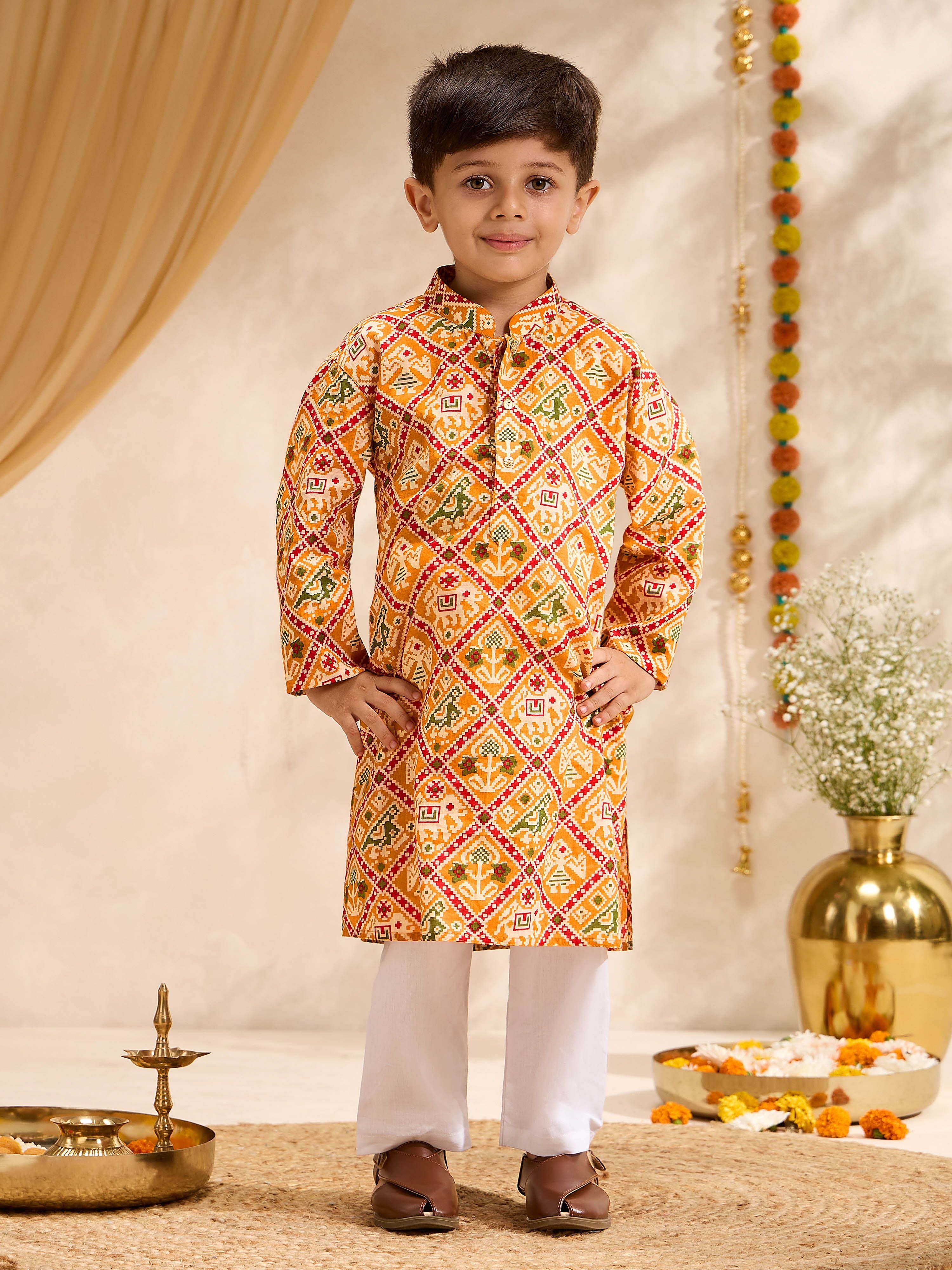 Boys Mustard Cotton Patola Printed Kurta Pyjama Set